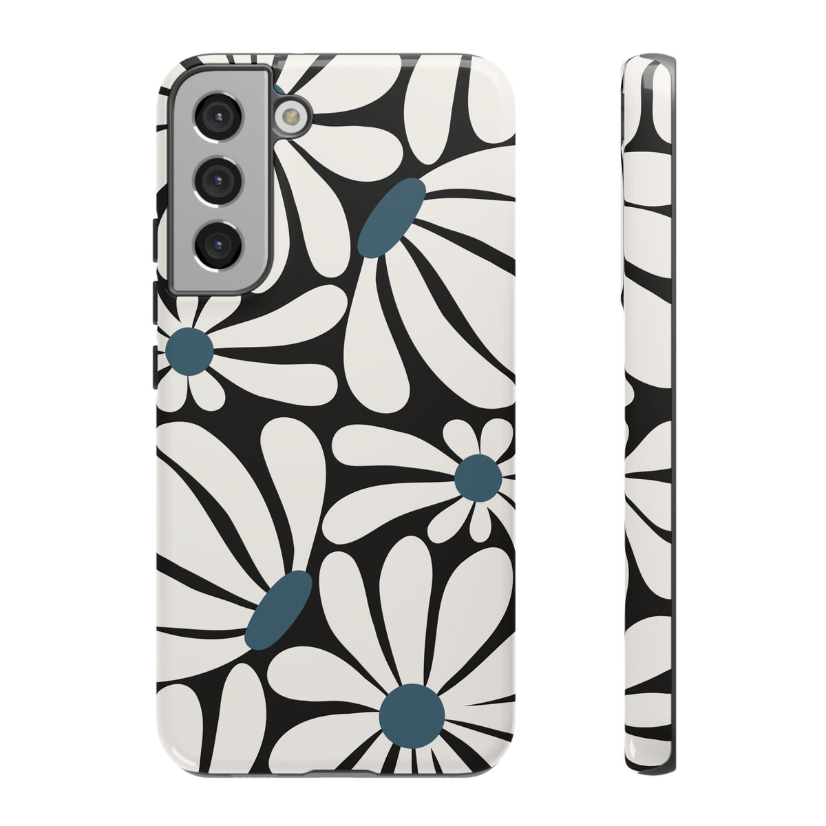 Retro Black Daisy Pattern Phone Case - Black Phone Case - Samsung Galaxy S22 Plus / Glossy