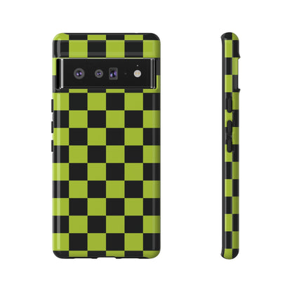 Google Pixel 6 Pro / Glossy Phone Case - Trendy Neon Lime Green & Black Checked Pattern Phone Case