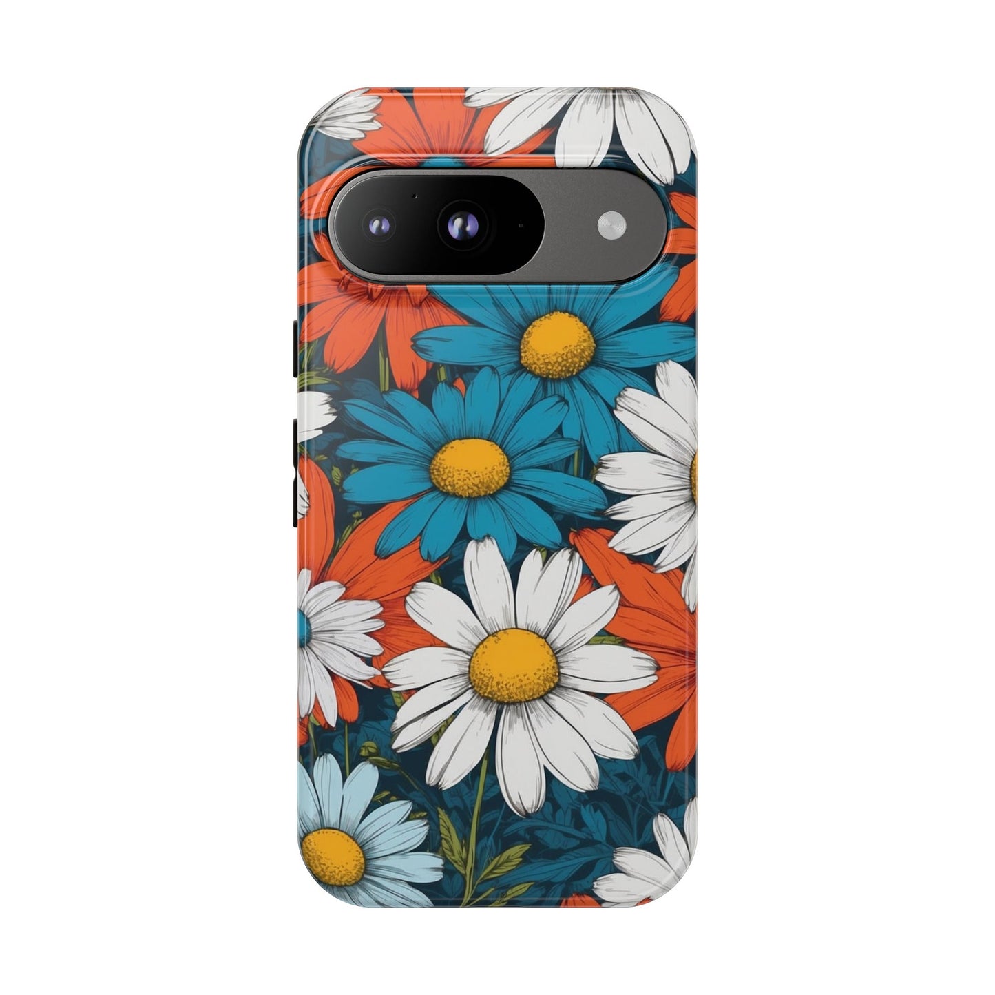 Google Pixel 9 / Glossy Phone Case - Pop Art Daisies Illustration ’Red & Blue’ Phone Case