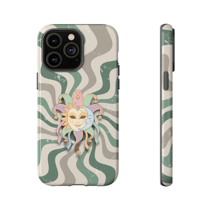 iPhone 14 Pro Max / Glossy Phone Case - Sun & Moon Jester Mask – Green Retro Wave Phone Case