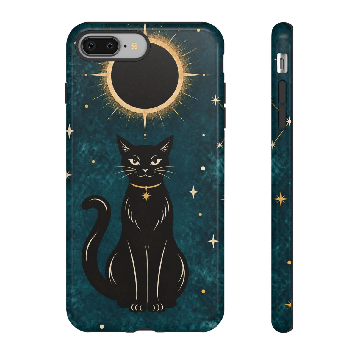 Whimsical Teal Celestial Black Cat Phone Case