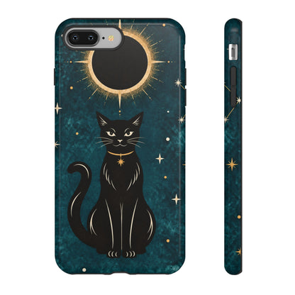 Whimsical Teal Celestial Black Cat Phone Case