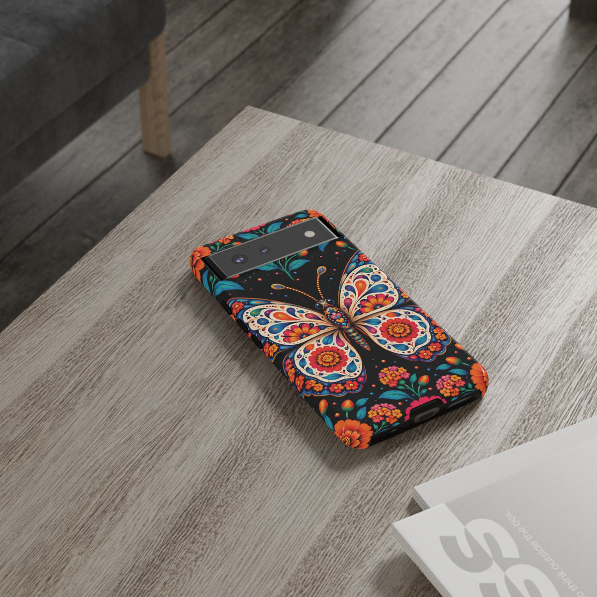 Vibrant Orange and Turquoise Calavera Butterfly Phone Case - Multicolor Phone Case