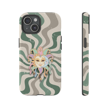 iPhone 15 / Glossy Phone Case - Sun & Moon Jester Mask – Green Retro Wave Phone Case