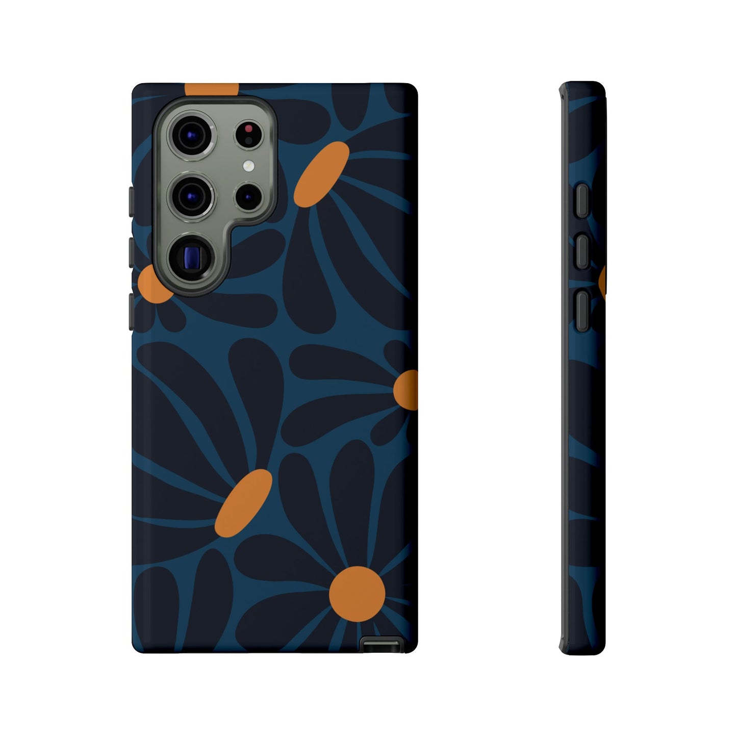 Samsung Galaxy S23 Ultra / Glossy Phone Case - ’Dark Blue & Orange Daisy Pattern’ Phone Case