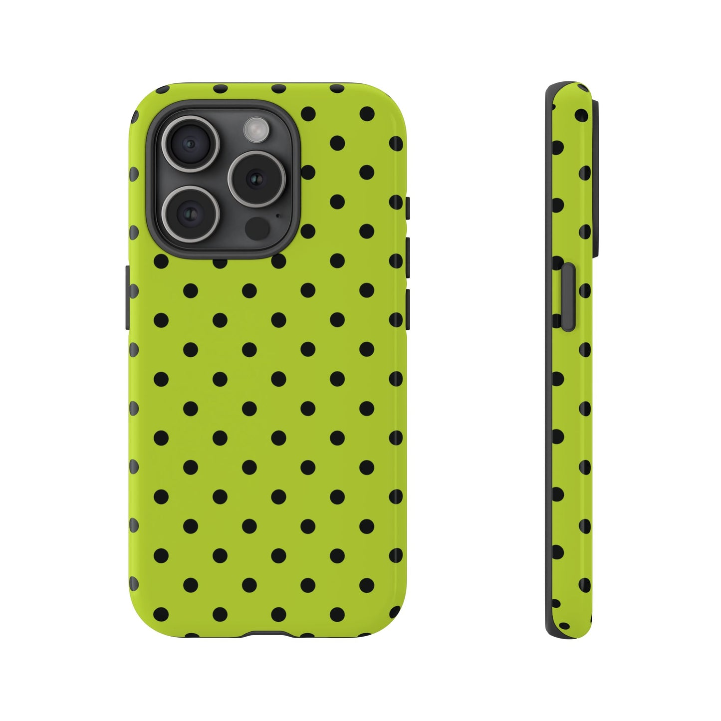 iPhone 15 Pro / Glossy Phone Case - Trendy Neon Lime Green & Black Dot Pattern Phone Case