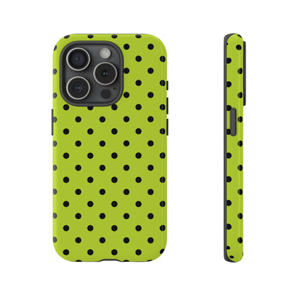iPhone 15 Pro / Glossy Phone Case - Trendy Neon Lime Green & Black Dot Pattern Phone Case