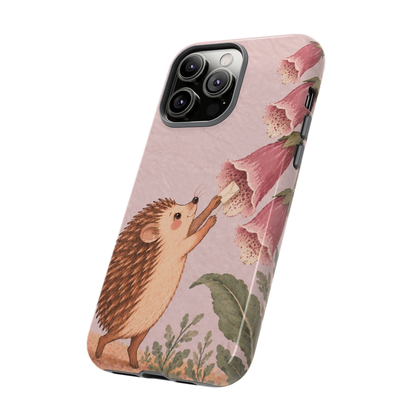 Whimsical Blush Pink Hedgehog and Foxglove Phone Case - Pink Phone Case