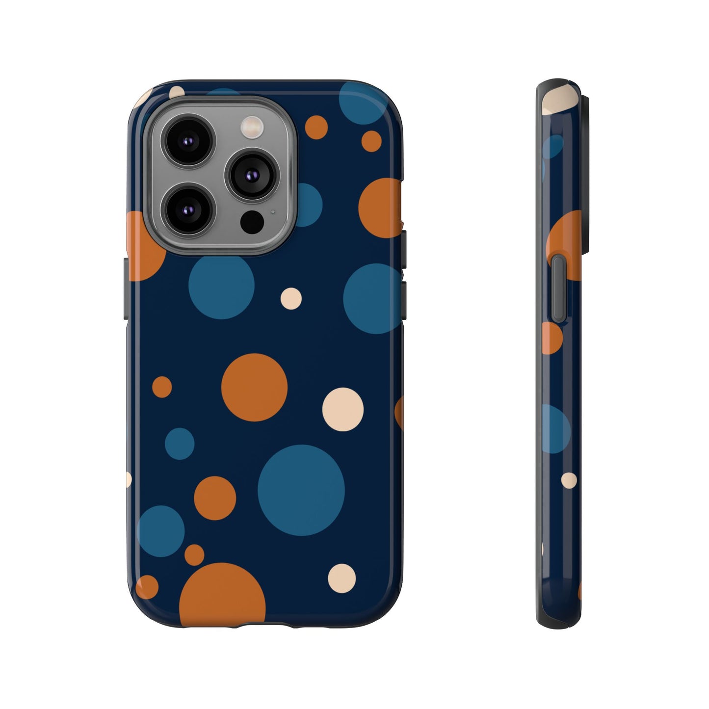 iPhone 14 Pro / Glossy Phone Case - ’Bold Navy Blue & Orange / White Dot Pattern’ Phone Case
