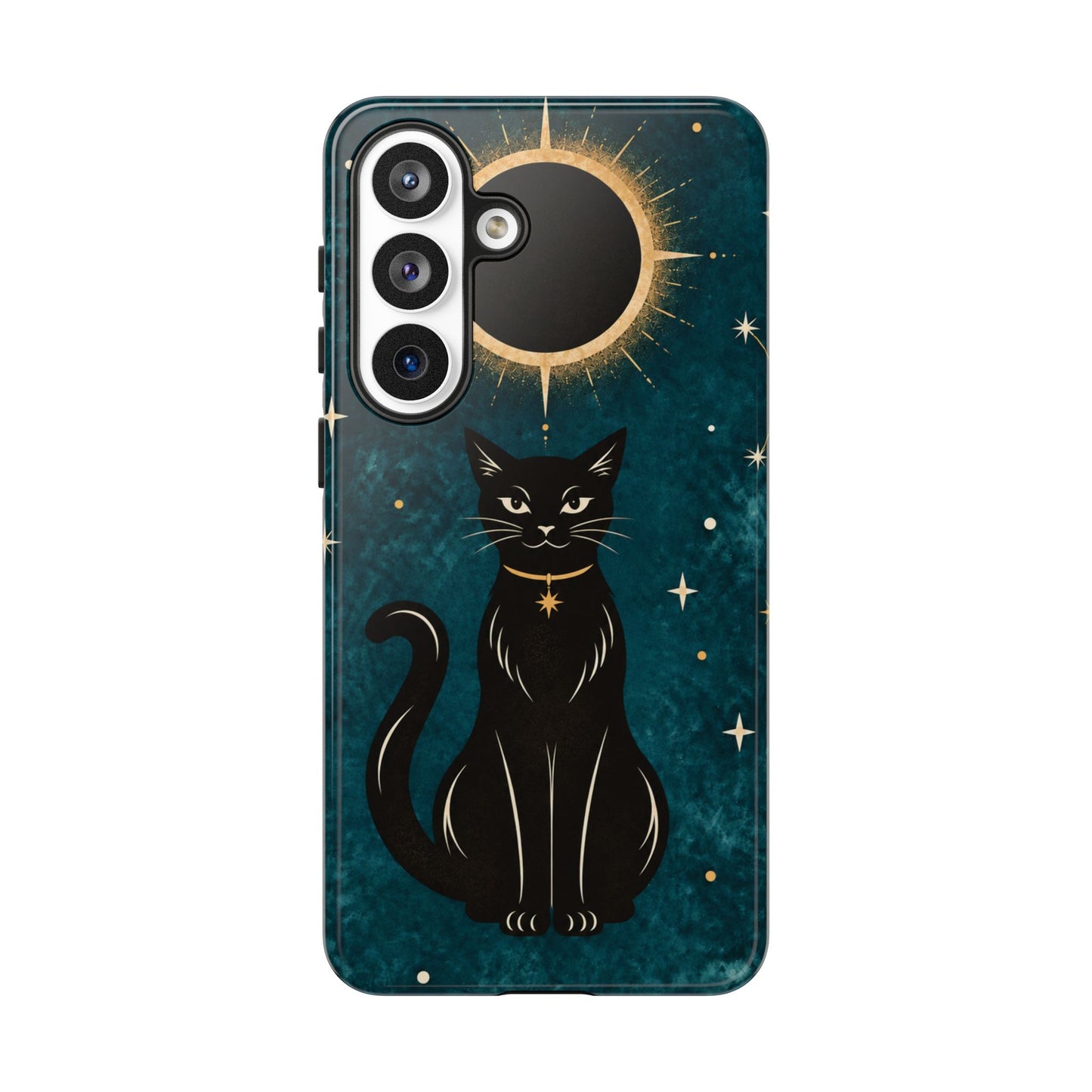 Whimsical Teal Celestial Black Cat Phone Case