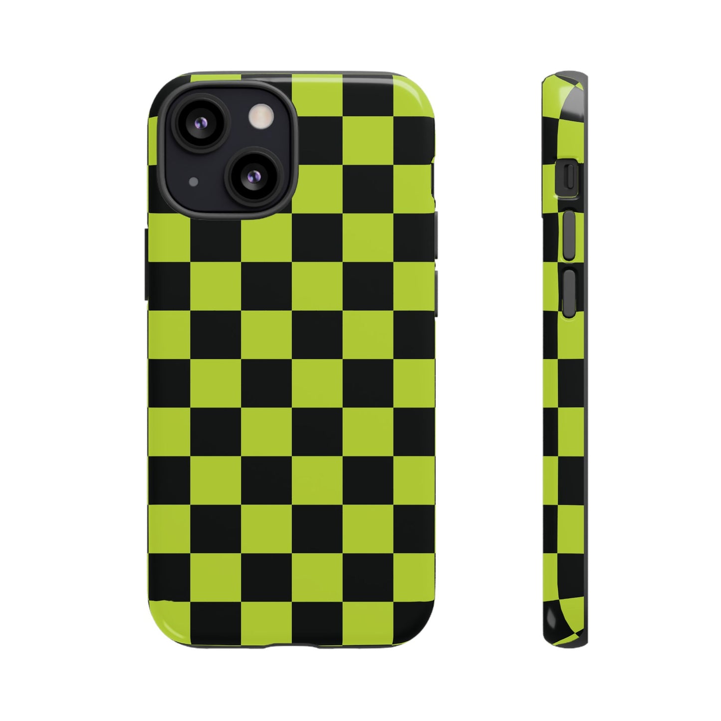 iPhone 13 Mini / Glossy Phone Case - Trendy Neon Lime Green & Black Checked Pattern Phone Case