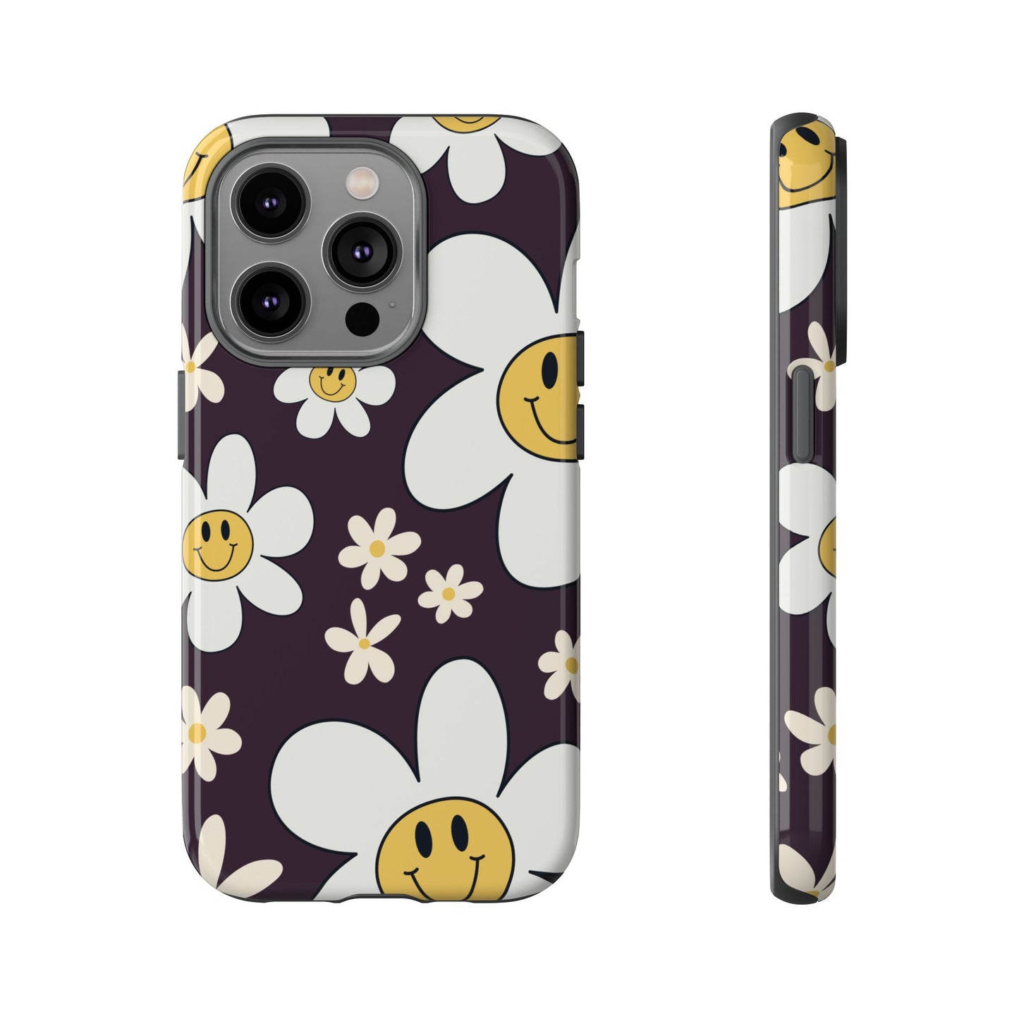 iPhone 14 Pro / Glossy Phone Case - Fun Retro Daisy Pattern with Purple Background Phone Case