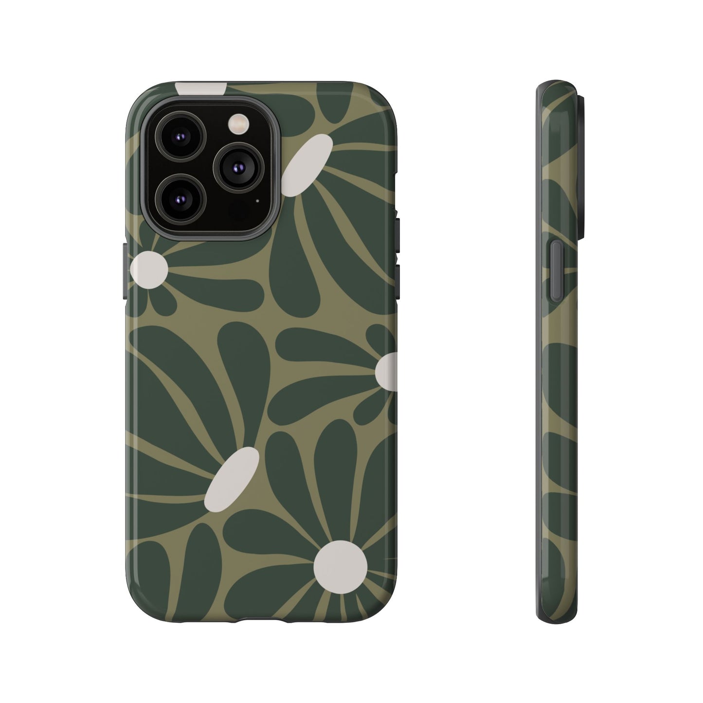 iPhone 14 Pro Max / Glossy Phone Case - ’Retro Olive Green Daisy Pattern’ Phone Case