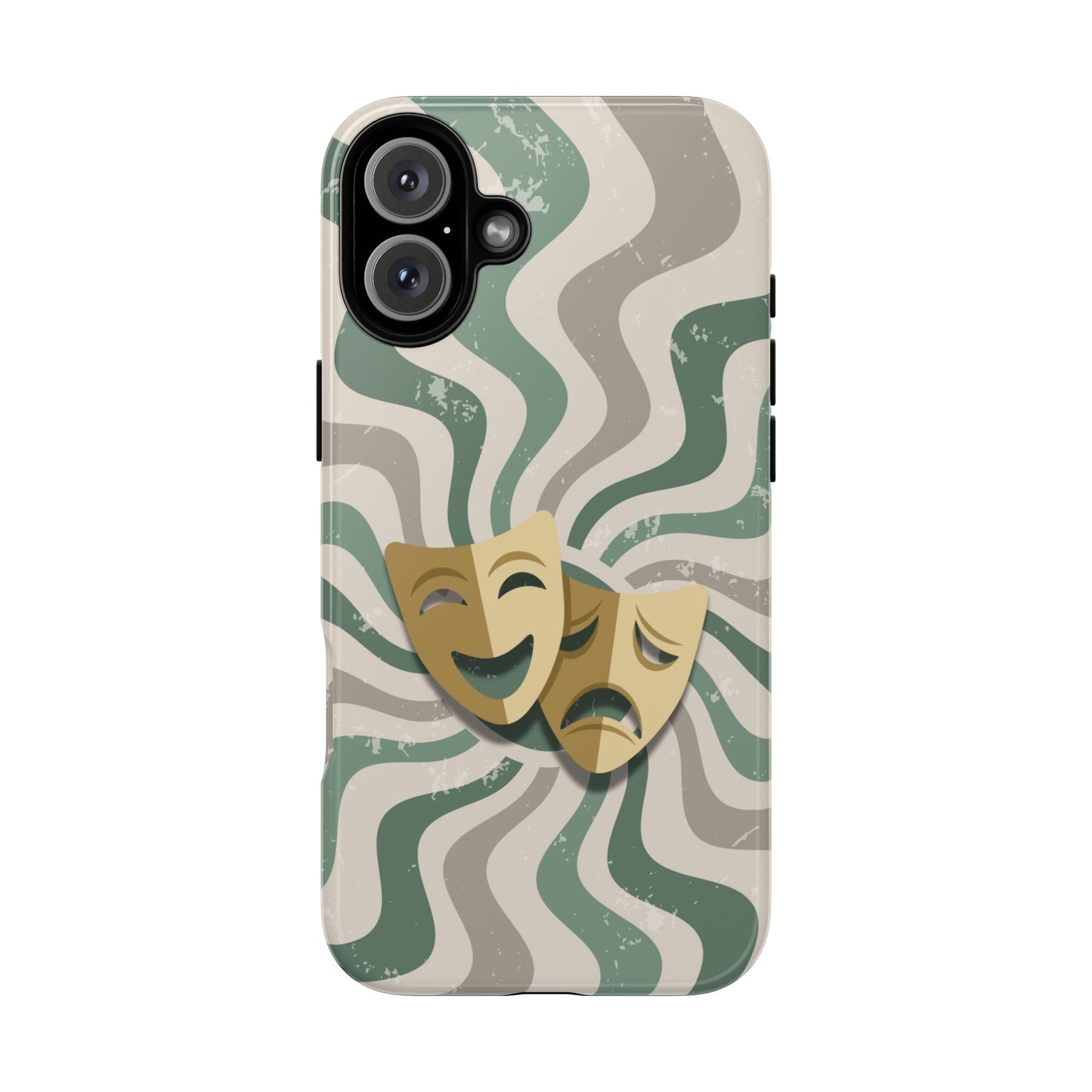 iPhone 16 Plus / Glossy Phone Case - Comedy & Tragedy Masks – Green Minimal Retro Wave Phone Case