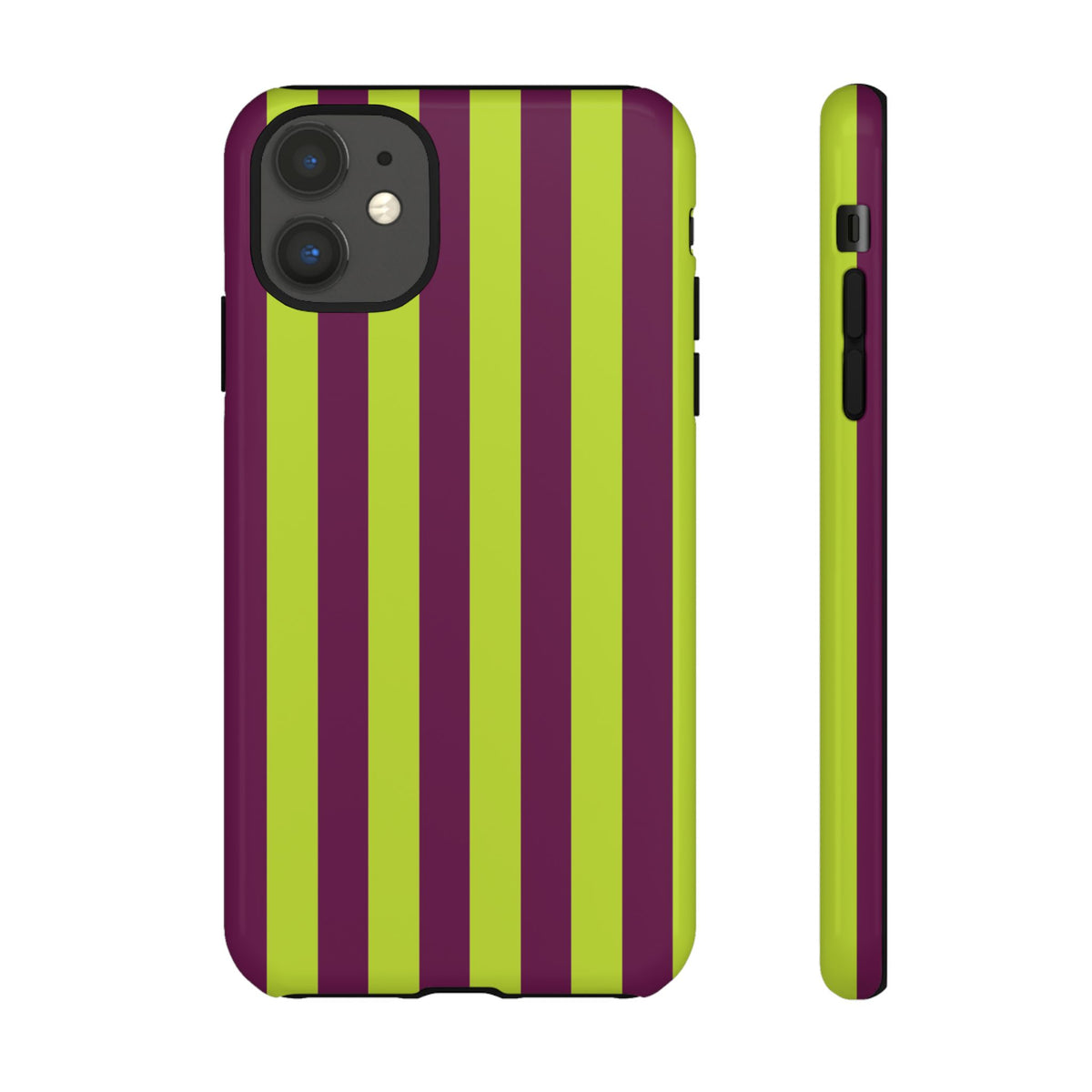 Trendy Neon Lime Green & Plum Stripe Pattern Phone Case - Green Phone Case - iPhone 11 / Glossy