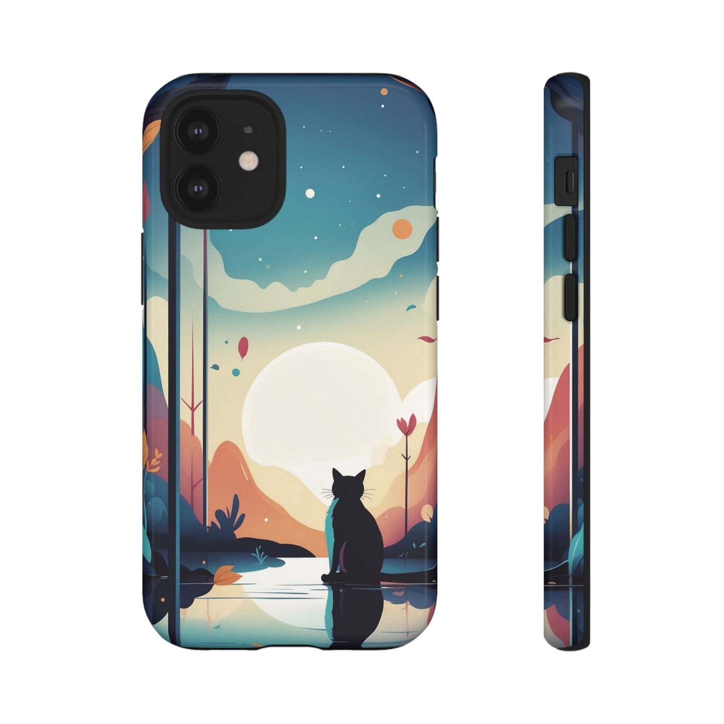 iPhone 12 Mini / Glossy Phone Case - Stylised Cat & Moon Design Phone Case