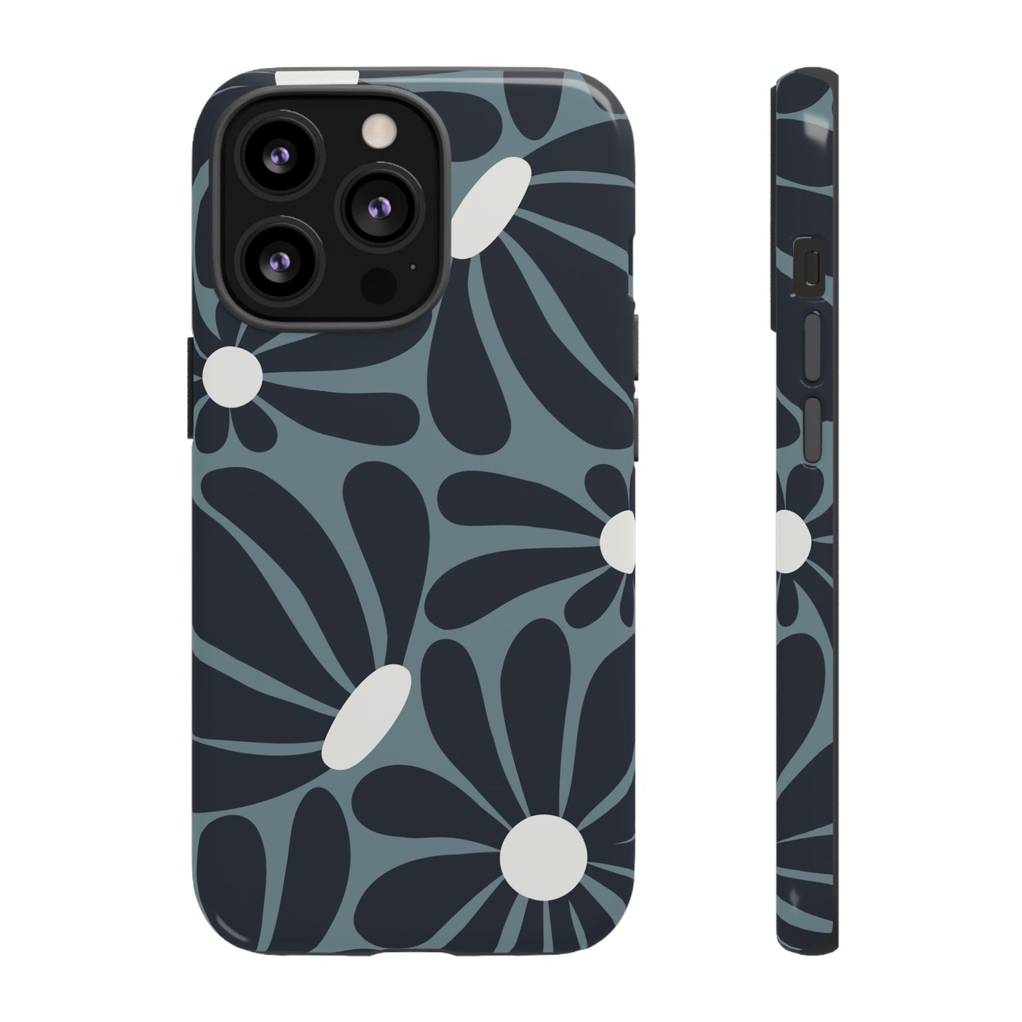 iPhone 13 Pro / Glossy Phone Case - ’Retro Navy Blue & White Daisy Pattern’ Phone Case