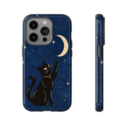 Whimsical Navy Blue Celestial Black Cat Phone Case