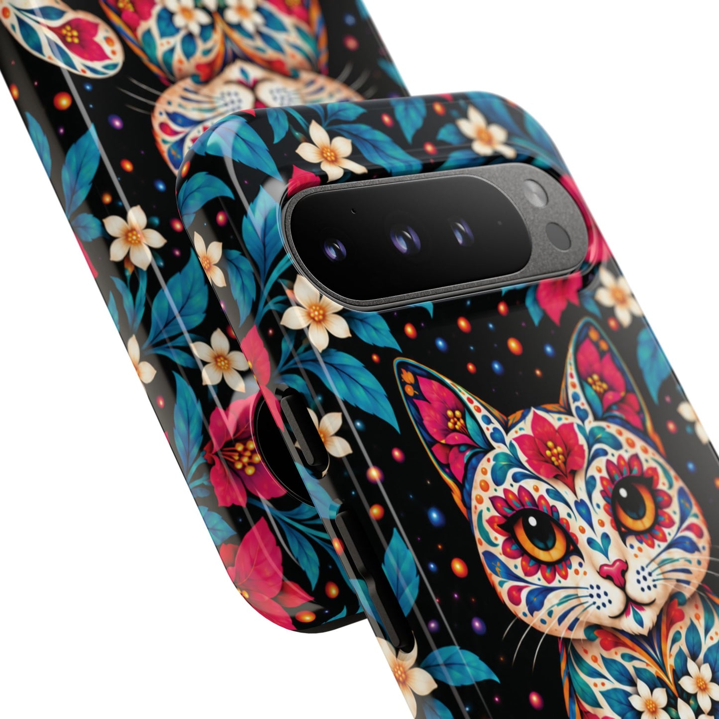 Vibrant Pink and Turquoise Calavera Cat Phone Case - Multicolor Phone Case