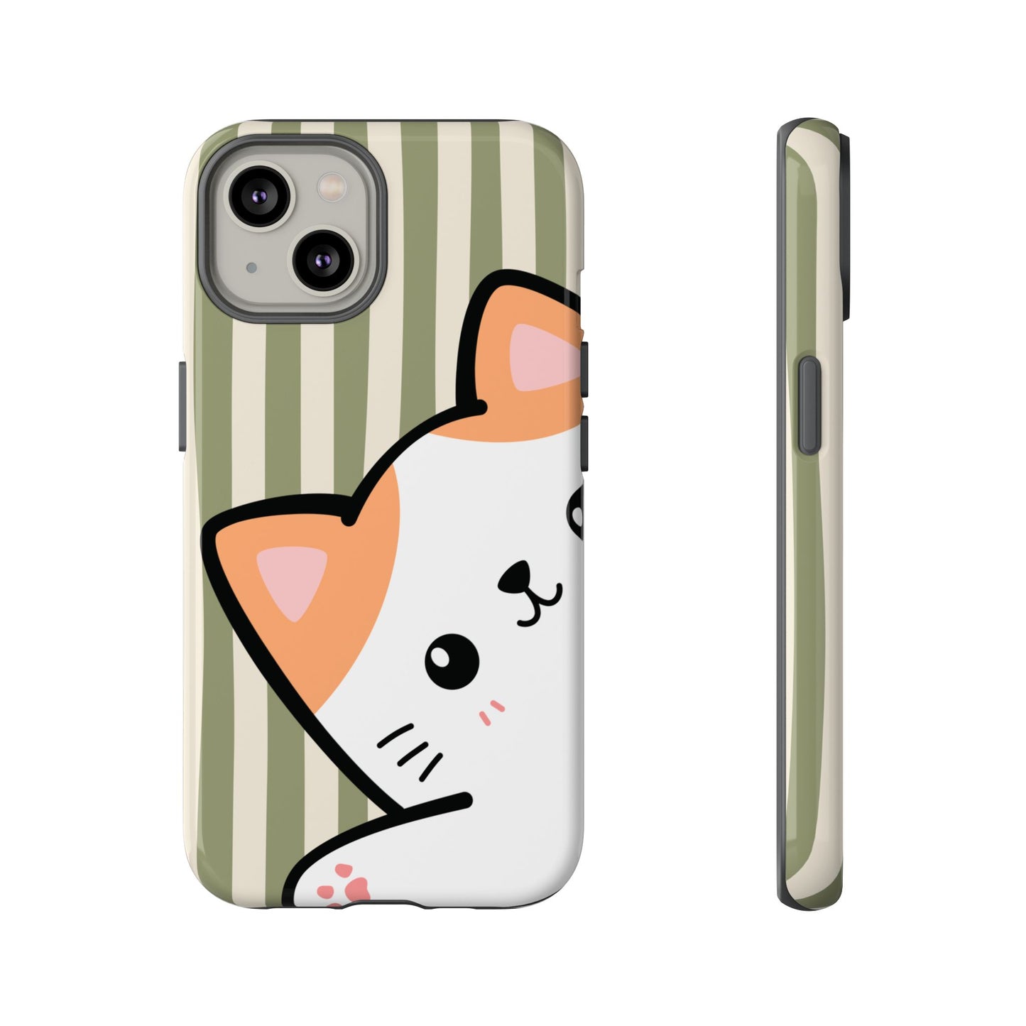 iPhone 14 / Glossy Phone Case - Peakaboo Cat with Green Stripe Pattern Phone Case
