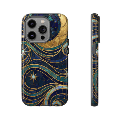 Elegant Navy & Gold Crescent Moon Mosaic Phone Case