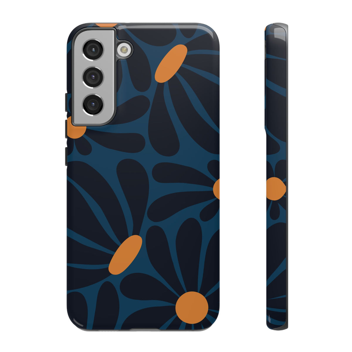 Dark Blue & Orange Daisy Pattern Phone Case - Blue Phone Case - Samsung Galaxy S22 Plus / Glossy