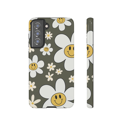 Samsung Galaxy S21 FE / Glossy Phone Case - Fun Retro Daisy Pattern with Olive Green Background Phone Case