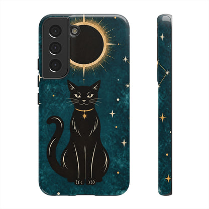 Whimsical Teal Celestial Black Cat Phone Case