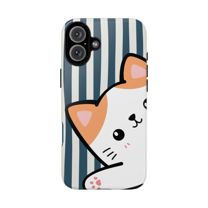 Playful Peakaboo Cat with Blue Stripe Pattern Phone Case - Blue Phone Case - iPhone 16 Plus / Glossy