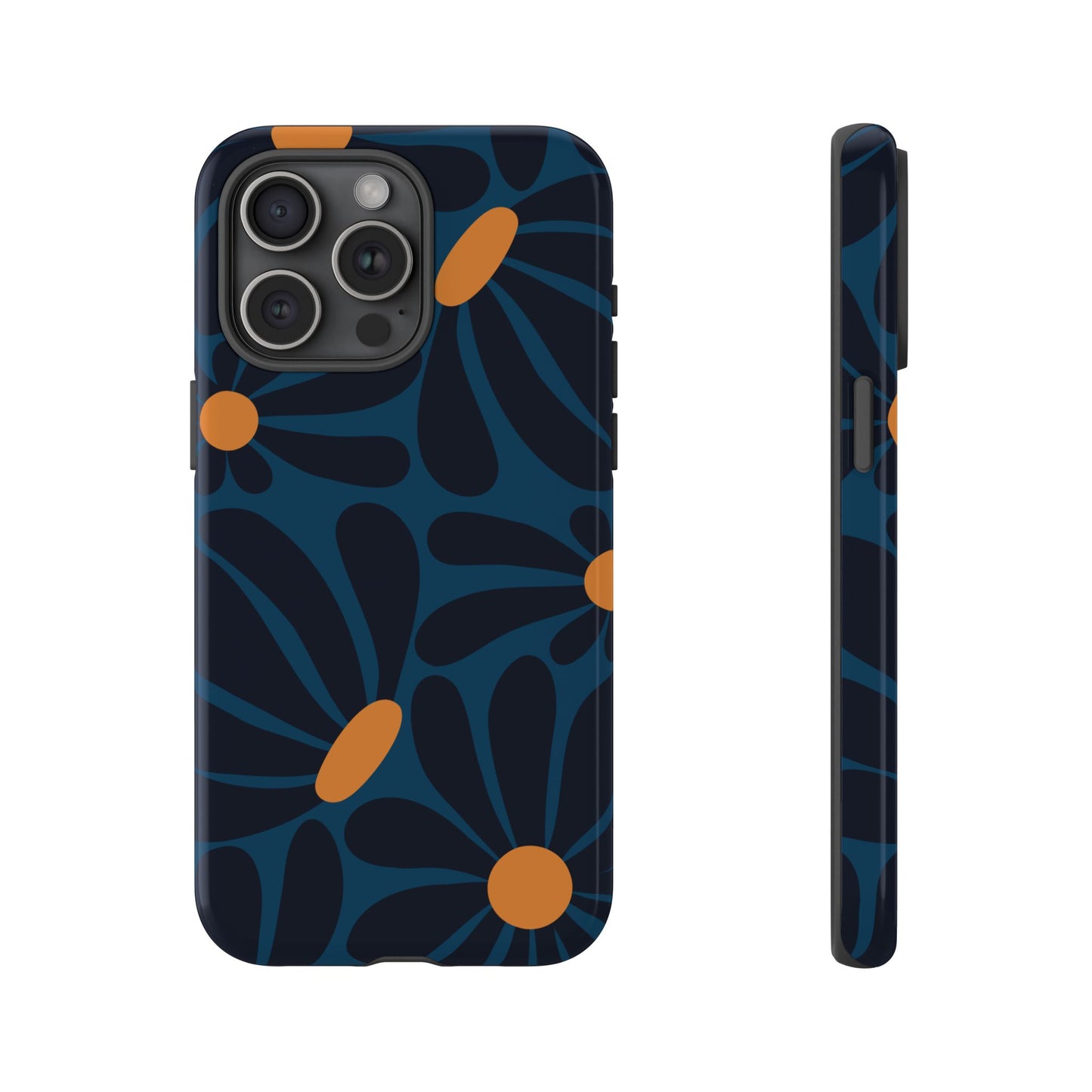 iPhone 15 Pro Max / Glossy Phone Case - ’Dark Blue & Orange Daisy Pattern’ Phone Case