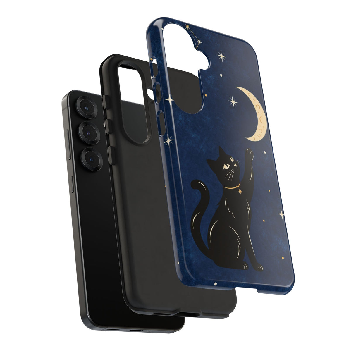 Whimsical Navy Blue Celestial Black Cat Phone Case