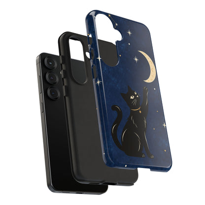 Whimsical Navy Blue Celestial Black Cat Phone Case