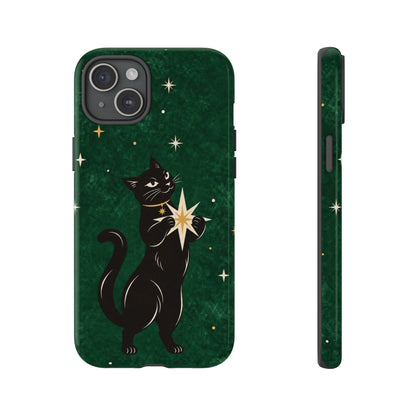Forest Green Celestial Black Cat Phone Case - Green Phone Case - iPhone 15 Plus / Glossy