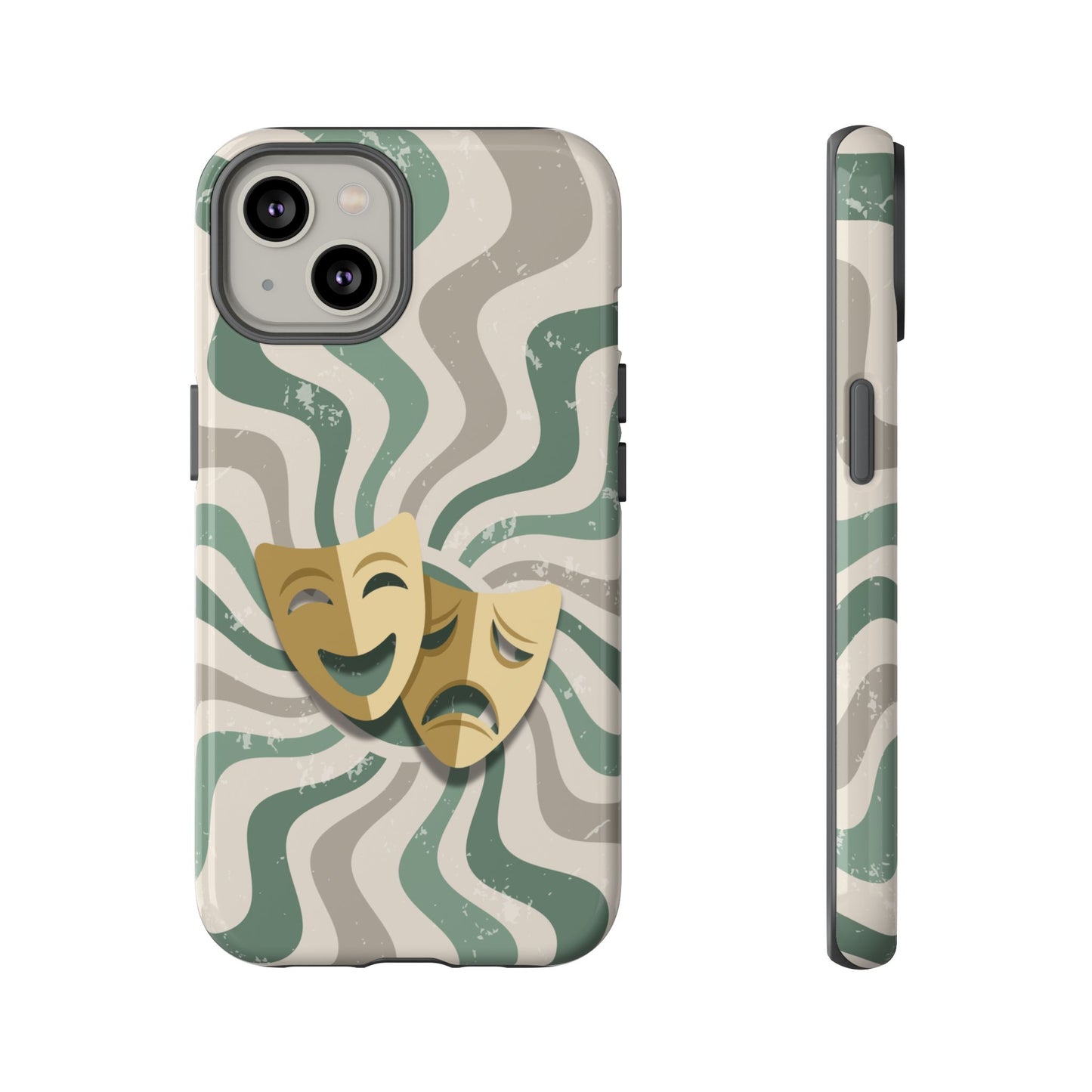 iPhone 14 / Glossy Phone Case - Comedy & Tragedy Masks – Green Minimal Retro Wave Phone Case