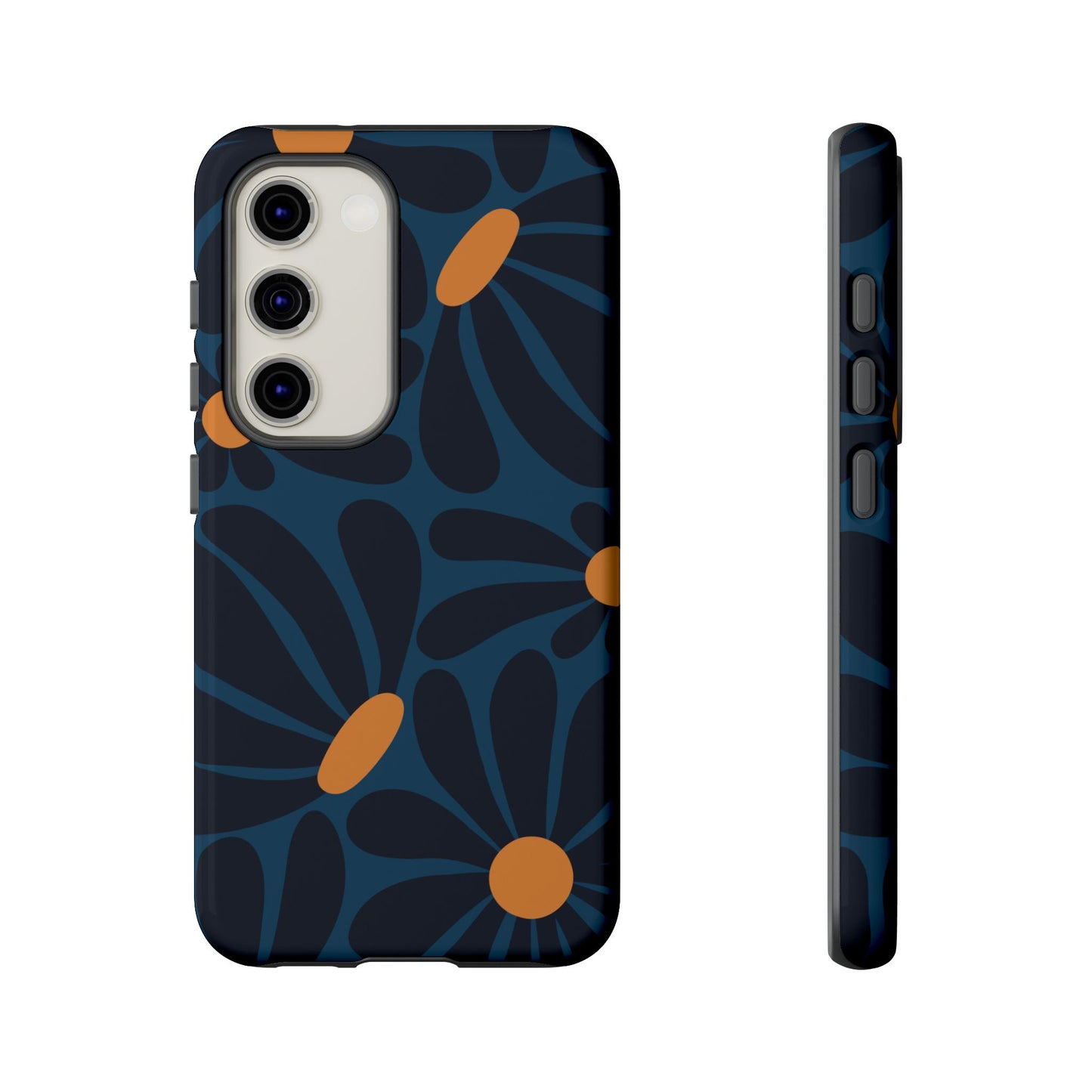 Samsung Galaxy S23 / Glossy Phone Case - ’Dark Blue & Orange Daisy Pattern’ Phone Case