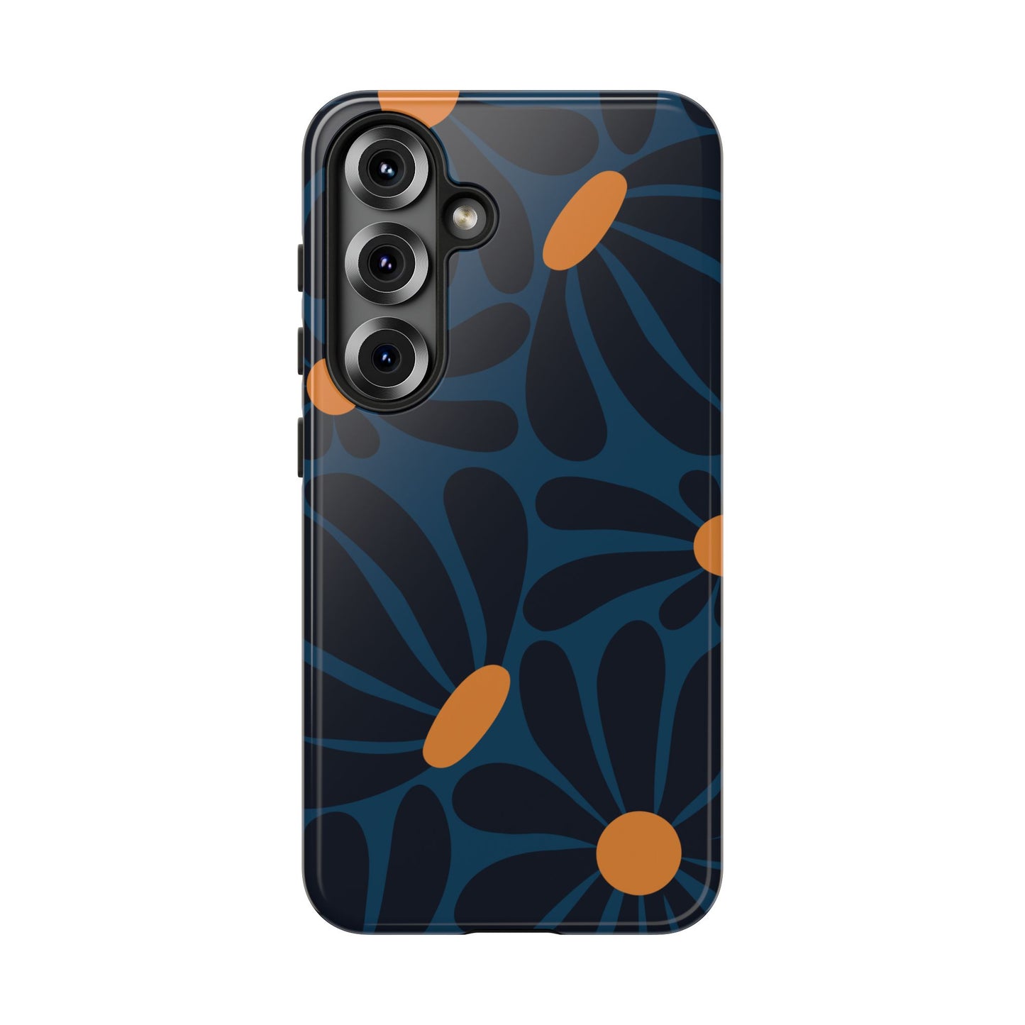 Samsung Galaxy S25 / Glossy Phone Case - ’Dark Blue & Orange Daisy Pattern’ Phone Case