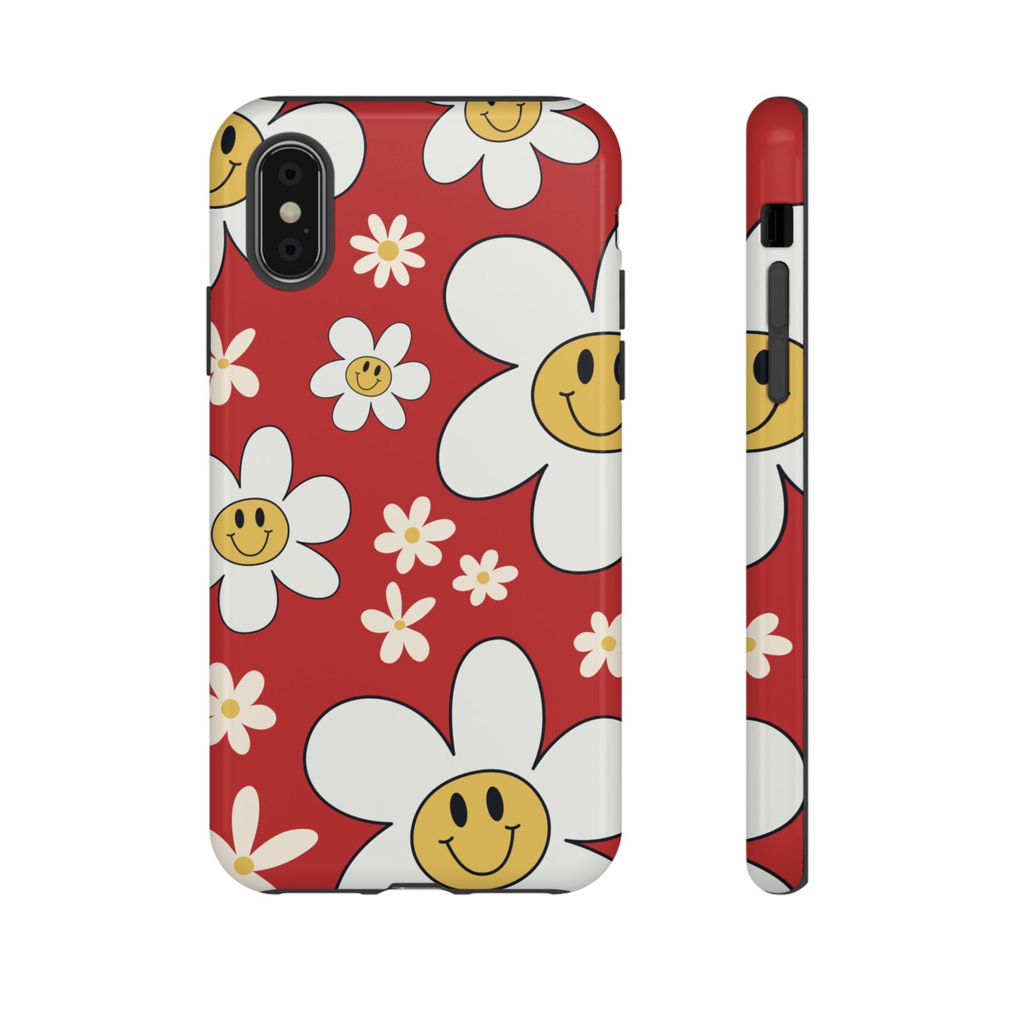 iPhone XS / Glossy Phone Case - Fun Retro Daisy Pattern with Red Background Phone Case
