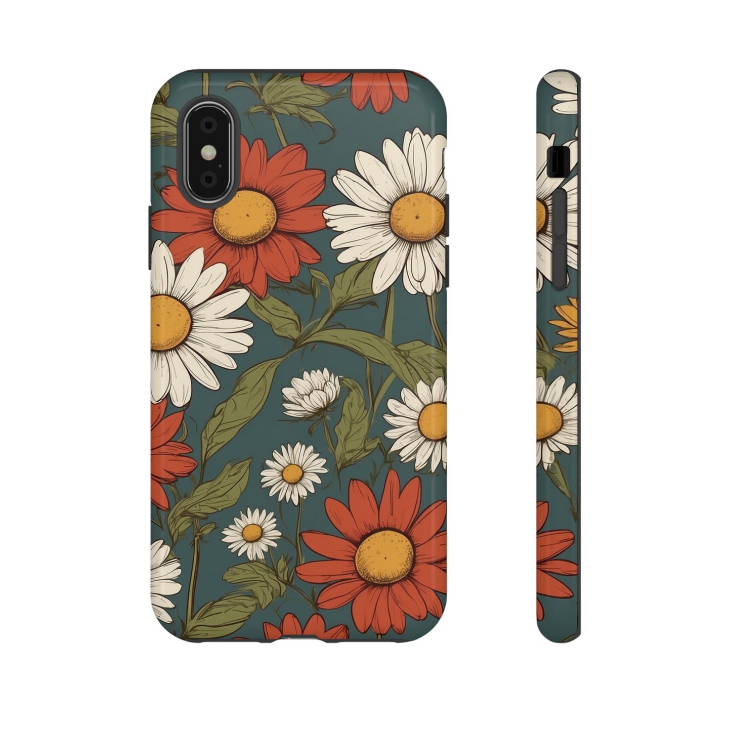 iPhone XS / Glossy Phone Case - Boho Chic Daisies Floral Pattern ’White & Red’ Phone Case