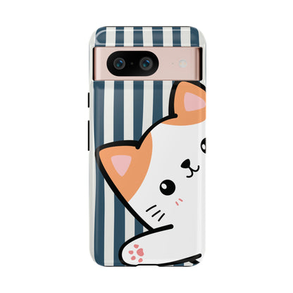 Playful Peakaboo Cat with Blue Stripe Pattern Phone Case - Blue Phone Case - Google Pixel 8 / Glossy