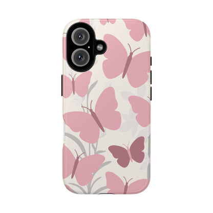 iPhone 16 / Glossy Phone Case - Minimalist Cream & Pink Butterfly Pattern Phone Case