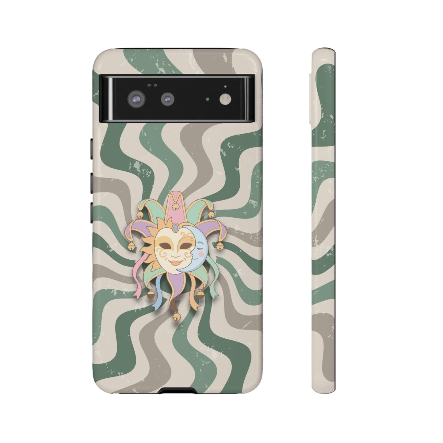 Google Pixel 6 / Glossy Phone Case - Sun & Moon Jester Mask – Green Retro Wave Phone Case