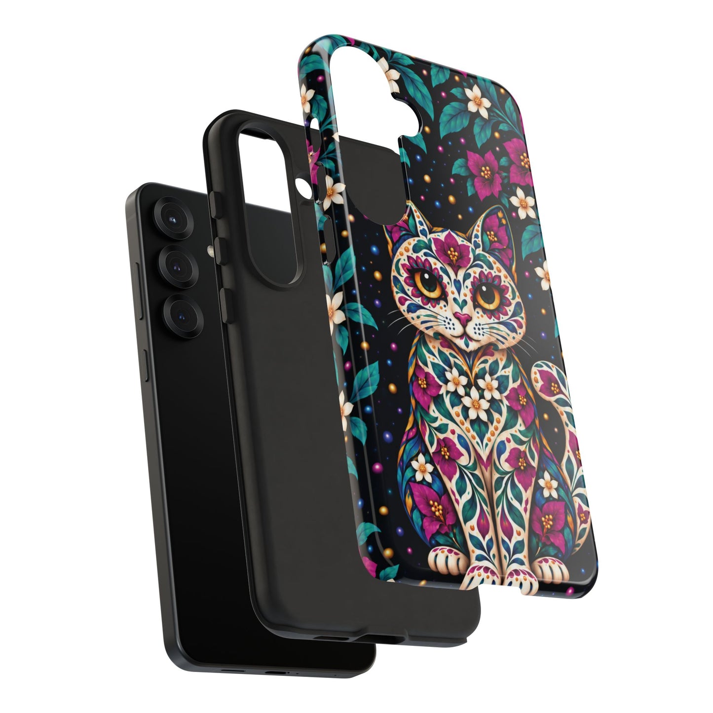 Vibrant Purple and Teal Calavera Cat Phone Case - Multicolor Phone Case