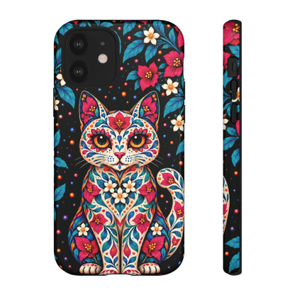 Vibrant Pink and Turquoise Calavera Cat Phone Case - Multicolor Phone Case - iPhone 12 / Glossy