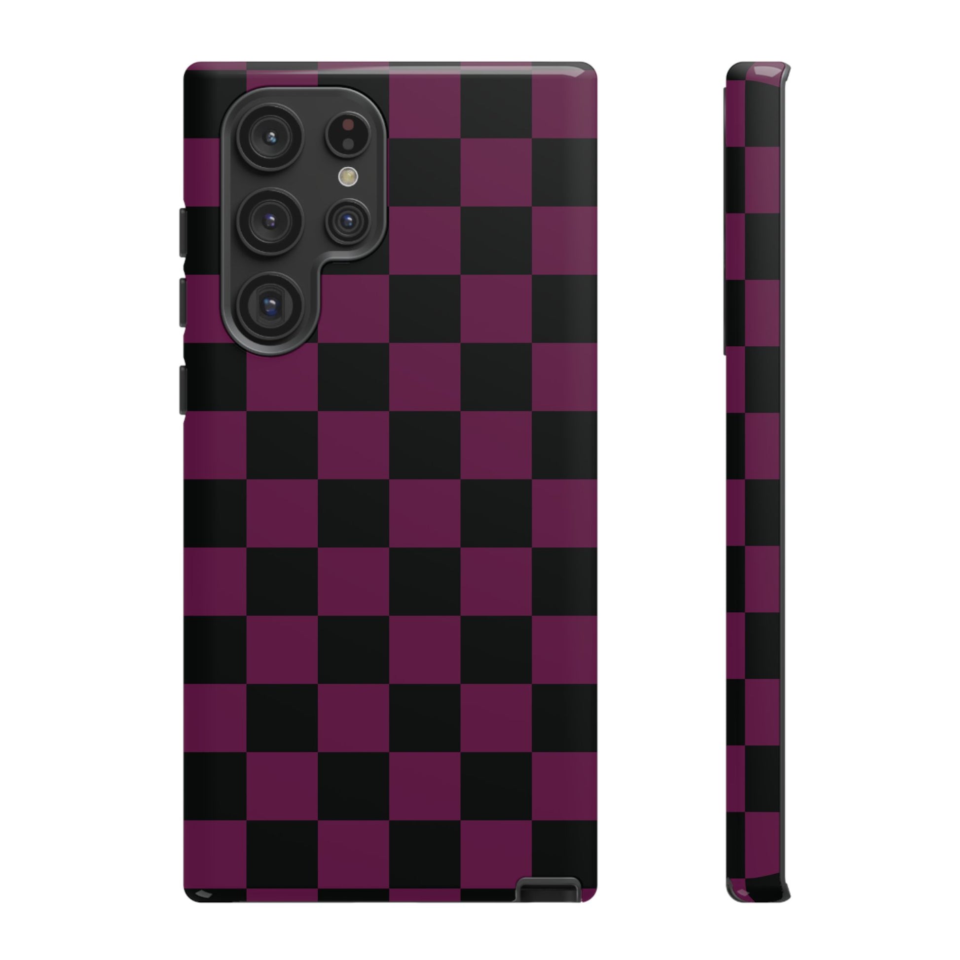 Samsung Galaxy S22 Ultra / Glossy Phone Case - Trendy Plum & Black Checked Pattern Phone Case