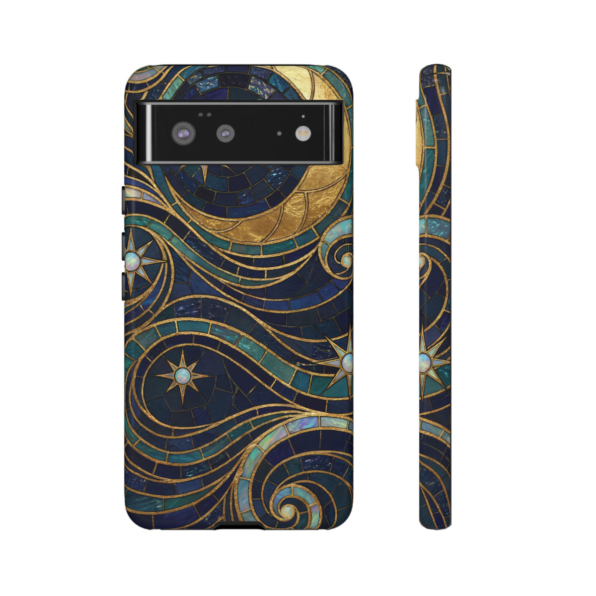 Elegant Navy & Gold Crescent Moon Mosaic Phone Case