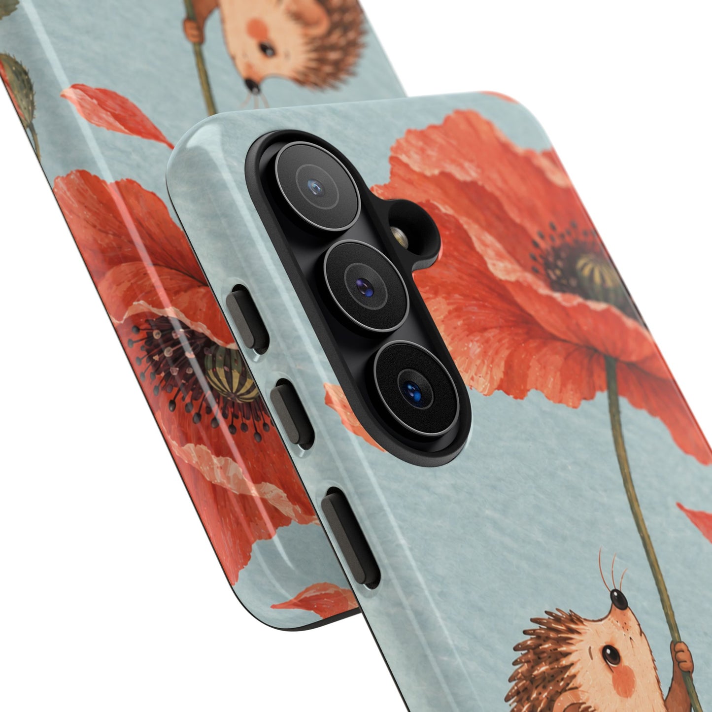 Whimsical Pale Blue Hedgehog and Poppy Phone Case - Blue Phone Case