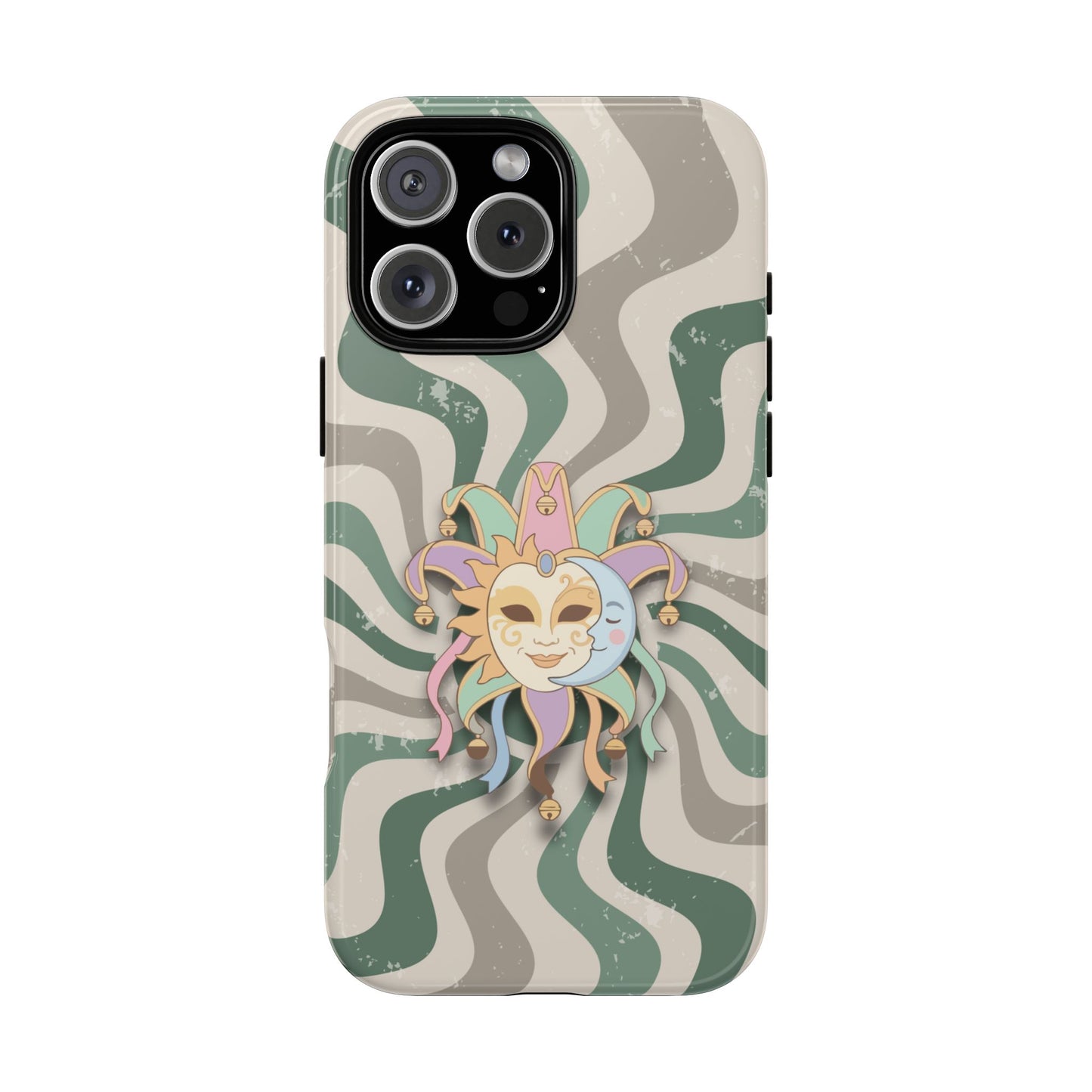iPhone 16 Pro Max / Glossy Phone Case - Sun & Moon Jester Mask – Green Retro Wave Phone Case