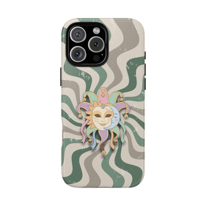 iPhone 16 Pro Max / Glossy Phone Case - Sun & Moon Jester Mask – Green Retro Wave Phone Case