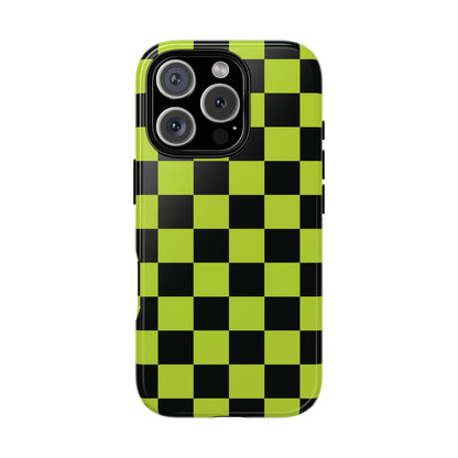 Trendy Neon Lime Green & Black Checked Pattern Phone Case - Green Phone Case - iPhone 16 Pro / Glossy