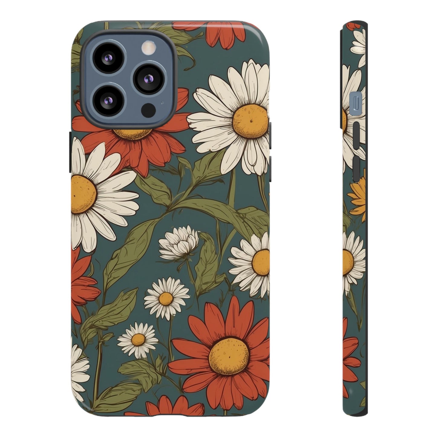 iPhone 13 Pro Max / Glossy Phone Case - Boho Chic Daisies Floral Pattern ’White & Red’ Phone Case
